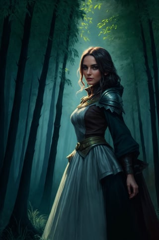 fantasy character portrait, mavka standing on forest path in the middle of magic forest, mystical magical atmosphere, dark contrast lighting, digital illustration,masterpiece artstation painting concept art of detailed character design matte painting, 8 k resolution, sharp focus