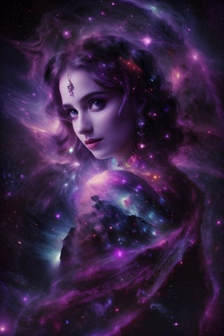 masterpiece, best quality, 4k, dark lighting, very aesthetic, female goddess composed of galaxies and black holes, look at the viewer, blackhole colored sclera, black dress, martius_nebula,, three quarter view, solo, purple rose in hands
,Dark fantasy v2,DarkFantasy
