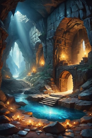Landscape, mysterious cave, walls covered with precious stones, inside the dragon's treasure on the floor , dramatic angle, realistic and detailed action movie poster style, surrealism, masterpiece, mystical lighting, mysterious atmosphere
,GLOWING,digital painting