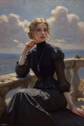 (((Highest quality))),masterpiece, poirtrait of Beautiful magician in (( medieval dark dress)), upper body, character portrait, finger rings, necklace around her neck, gothic art, gothic, styled by Donato Giancola, Charlie Bewater , High detailed 