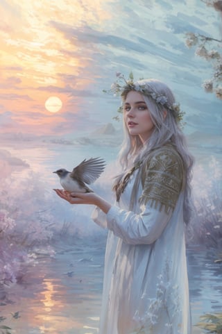 fantasy portrait of the character, Ancient Russian goddess Lada, dressed in a white shirt with embroidery, on her head a wreath of wildflowers, standing in the bank of a forest river, holding a magic bird in her hand, looking at the sunrise, nature is waking up, birds are chirping, calm joyful atmosphere, natural light, digital illustration, high key, in the style of Andrei Shishkin, Vasnetsov, book cover, masterpiece, book cover, masterpiece artstation painting concept art of detailed character design matte painting, 8 k resolution, sharp focus