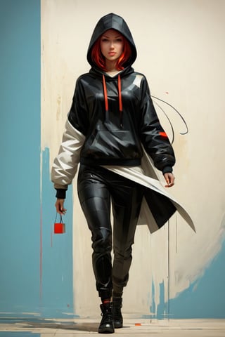  (Concept art of a woman in a black and white suit and hoodie walking, inspired by Marek Okon and trending on Artstation. This neo-figurative piece draws influence from Spider-Gwen and the style of graphic artist Artgerm, showcasing extremely detailed and captivating visuals in the manner of Krenz Cushart and Artgerm.,digital painting,in the style of kazimir malevich