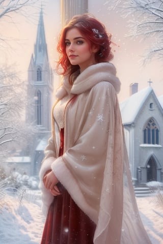 book cover, a beautiful woman, a serene winter scene, a girl gracefully standing in front of a charming snow-covered church, her elegant silhouette outlined against the soft glow  coming from within, snowflakes gently falling around her, decorating her hair and (red cloak):1,5 covered with a thin layer of frost, creating a sense of unearthly beauty and tranquility
