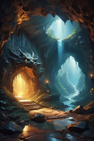 Landscape, mysterious cave, inside the dragon's treasure on the floor , dramatic angle, realistic and detailed action movie poster style, surrealism, masterpiece, mystical lighting, mysterious atmosphere
,GLOWING,digital painting