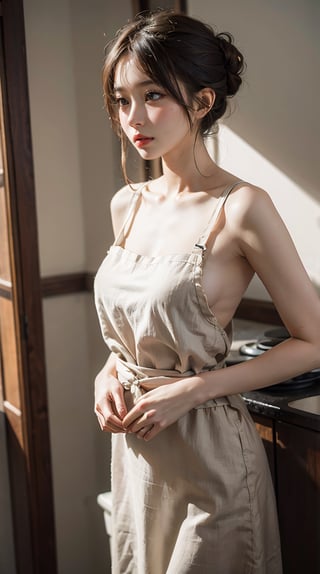 ultra-definition, ​masterpiece, 1girll, 22yo, korean girl, soothing tones, muted colors, high contrast, (natural skin texture, hyperrealism, soft light, sharp), dynamic pose, (high single_hair_bun:1.2), light brown hair, large chest, very thin waist, wide pelvis, medium hips, Linen dress, Linen onepiece dress, daily clothes of a poor country girl, white apron on the dress,