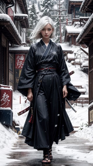 {{{masterpiece}}}, {{{best quality}}}, {{{ultra-detailed}}}, {cinematic lighting}, {illustration}, 1girl,samurai girl,white hair,long hair,hair over front,tight blue hakama,katana,unsheathing katana,snowy background,bloody snow, ,Samurai girl,guweiz style
