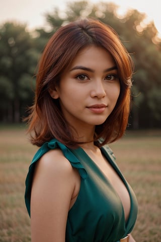 Realistic portrait of a woman with flowing auburn hair, wearing a crimson dress that complements her green eyes. She stands against a backdrop of soft, golden evening sunlight, casting a gentle warmth on her features., mt-safirakaunang