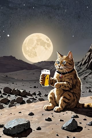 Illustration of a cat enjoying a beer on the lunar surface. surrounded by rocky terrain, desolate and otherworldly landscape.  by David Macaulay 
