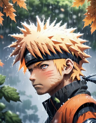 Anime Artwork. Closeup Profile of Naruto Looking up at the heavens in heavy rain, surrounded by leaves, highly detailed, dramatic, Canon 5d Mark 4, Kodak Ektar, 