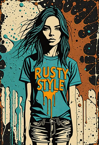 (An amazing and captivating abstract illustration:1.4), (1girl:1.3), (female focus:1.1), small breasts, t-shirt, (grunge style:1.4), (minimalistic:1.3), (2004 aesthetics:1.2), with (the text "RUSTY STYLE":1.3). BREAK rough texture, dripping paint, cracks, (wrinkled paint:1.3), dark background, (uncluttered minimalism:1.2), sharp details, muted colors. BREAK highest quality, detailed and intricate, original artwork, trendy, mixed media, vector art, (vintage:1.2), award-winning, artint, SFW,