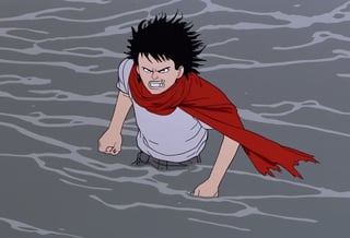 a frame of a animated film of a angry man walking through the water with a ragged red scarf, messy black hair, style akirafilm,a frame of a animated film of