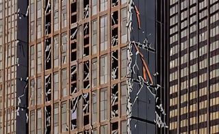a frame of a animated film of a destroyed skyscraper building, style akirafilm 