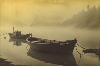 colouring_experiment_analogue, a foggy sea with some fisherboats, hard shadow