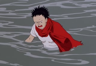 a frame of a animated film of a man walking through the water with a ragged red scarf, style akirafilm