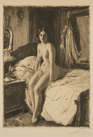 Impressive attractive wife in her room, etching