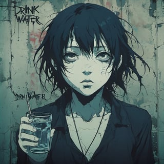 dark anime, "Drink Water"  write on a wall 