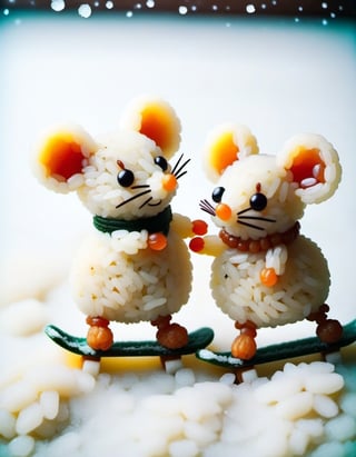 Vintage old photograph of two cute little mice made of rice, ice-skate on ice in the snow. Canon 5d Mark 4, Kodak Ektar, ,styr