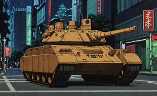 a frame of a animated film of a tank on the streets of new tokyo at night, style akirafilm 