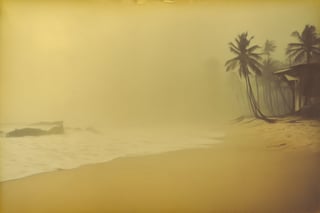 colouring_experiment_analogue, a foggy beach in sri lanka, hard shadow