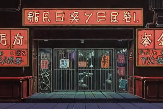 a frame of a animated film of  an entrance to a seedy bar in neo tokyo, style akirafilm 
