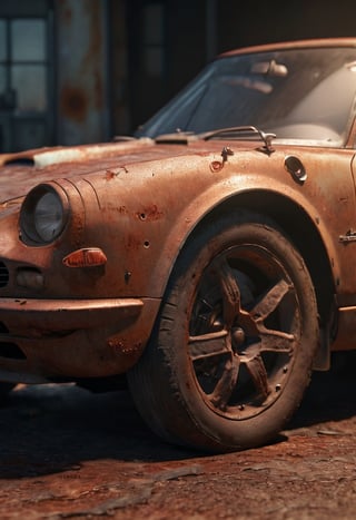 rusty sports car, very detailed, cinematic lighting, 4k, uhd, masterpiece