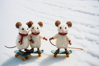 Vintage old photograph of two cute little mice made of rice ice skating in the snow. Canon 5d Mark 4, Kodak Ektar, ,styr