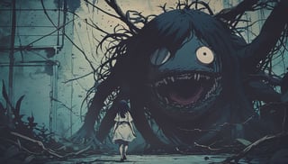 dark manga of  a woman running away of a monster   
