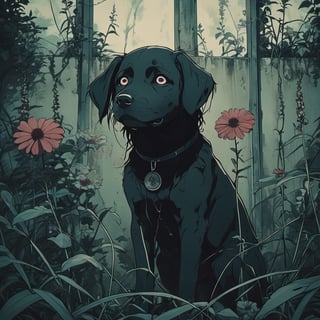 dark anime, a dog in a garden  