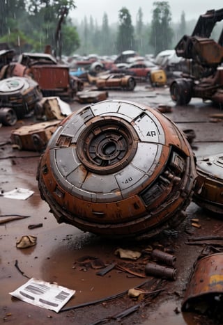 Photo of a Trade Federation Droid wreckage on a junkyard, rain, paper, 4k, uhd, masterpiece 