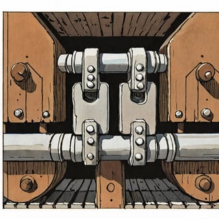 Illustration of a close-up of a train car coupler by David Macaulay 