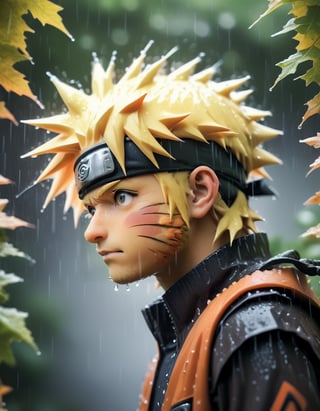 Photo, Closeup Profile of Naruto Looking up in heavy rain, surrounded by leaves, highly detailed, dramatic, Canon 5d Mark 4, Kodak Ektar, 