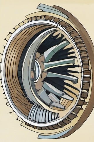 Illustration of a cross section of a jet engine turbine  by David Macaulay 