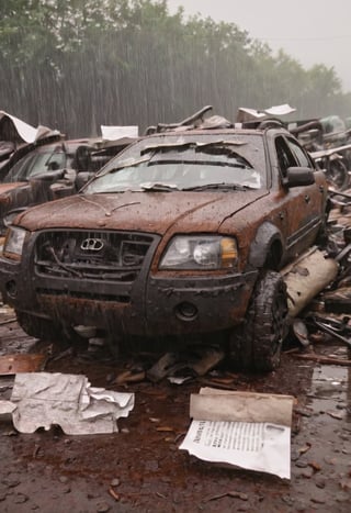 cinematic still of a wreckage on a junkyard, rain, paper, 4k, uhd, masterpiece