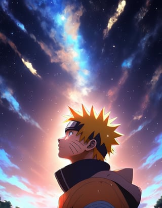 Photo Profile of Naruto looking up at the stars.anime style, key visual, vibrant, studio anime, highly detailed
