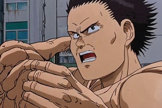 a frame of a animated film of  a man with a huge cancerous growth bulging from his arm in neo tokyo, style akirafilm 