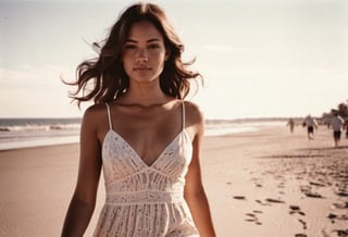 lith_argenta_bromBN1W, instagram photo, full photo of 26 y.o american woman walking on a beach, summerdress , perfect detailed eyes, natural skin, hard shadows, film grain