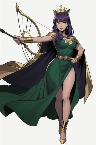 a woman, (perfect face), bright eyes, blank background, highly detailed, full body, sexy cut out green dress, belt, purple hair with bangs, straight long hair, comic style, archery pose, archer queen costume, golden bracelets, green cape, golden crown