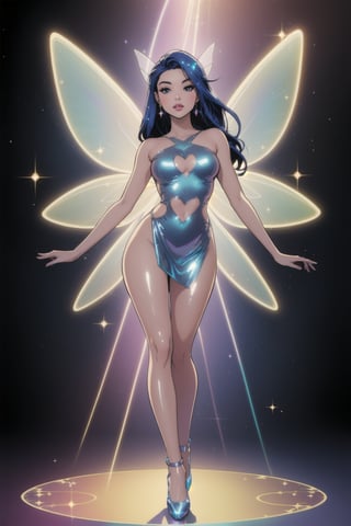 a woman fairy, asymmetric perfect fairy wings, perfect face, blank background, highly detailed, full body, holographic sexy cut out dress, glitter, shine, sparkling holographic blue, long hair, comic style
