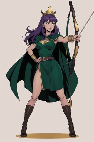 a woman, (perfect face), bright eyes, blank background, highly detailed, full body, sexy cut out green dress, belt, purple hair with bangs, straight long hair, comic style, archery pose, archer queen costume, golden bracelets, green cape, golden crown