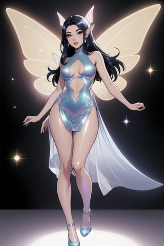 a woman fairy, asymmetric perfect fairy wings, perfect face, blank background, highly detailed, full body, holographic sexy cut out dress white, glitter, shine, sparkling holographic white, long hair, comic style