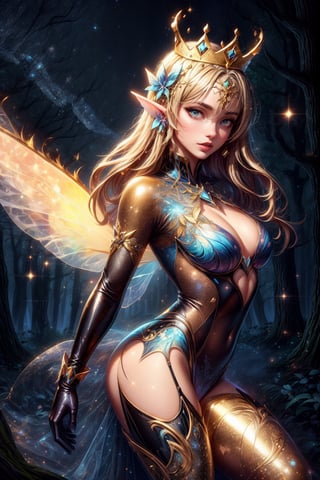 a woman fairy, symmetric (perfect fairy wings), perfect face, night forest background, highly detailed, bright eyes, sexy cut out bodysuit golden, shine, sparkling glitter, pixie dust, magic dust, Brown long hair, golden crown, gloves, DonMF41ryW1ng5