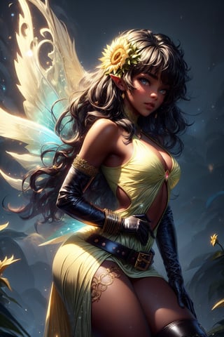 dark skin, a black woman fairy, symmetric perfect fairy wings, perfect face, sun light day sunflower background, highly detailed, bright eyes, sexy cut out yellow dress, shine, pixie dust, magic dust, wavy black long hair, leather belt, gloves, DonMF41ryW1ng5