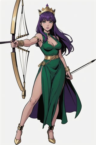 a woman, (perfect face), bright eyes, blank background, highly detailed, full body, sexy cut out green dress, purple hair with bangs, straight long hair, comic style, archery pose, archer queen costume, golden bracelets, golden crown