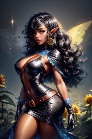 dark skin, a black woman fairy, symmetric perfect fairy wings, perfect face, light day sunflower background, highly detailed, bright eyes, sexy cut out dress yellow, shine, sparkling glitter, pixie dust, magic dust, wavy black long hair, leather belt, gloves, DonMF41ryW1ng5