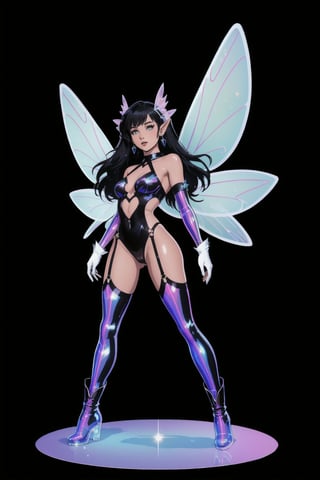 a woman fairy, asymmetric perfect fairy wings, (perfect face), bright eyes, dark forest background, highly detailed, full body, holographic sexy cut out bodysuit transparent, glitter thong, shine, sparkling holographic white, black long hair, comic style, sorcerer costume, boots, gloves, side view