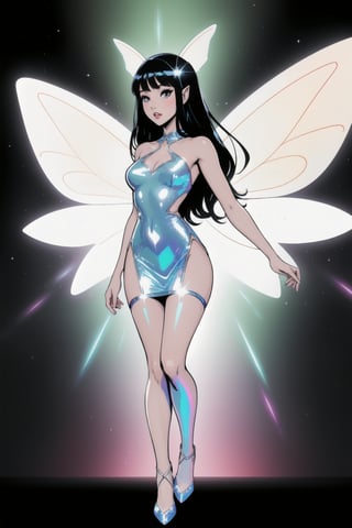 a woman fairy, asymmetric perfect fairy wings, perfect face, blank background, highly detailed, full body, holographic sexy cut out dress white, glitter, shine, sparkling holographic white, black long hair, comic style