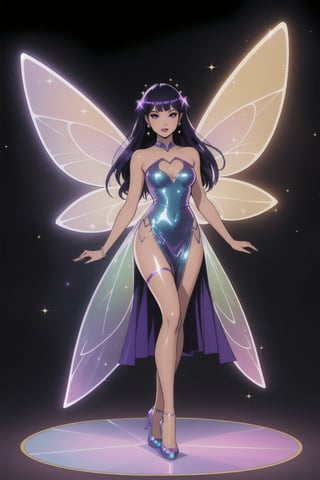 a woman fairy, asymmetric perfect fairy wings, perfect face, blank background, highly detailed, full body, holographic sexy cut out dress, glitter, shine, sparkling holographic purple, long hair, comic style