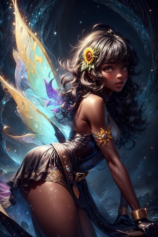 dark skin, a black woman fairy, symmetric perfect fairy wings, perfect face, light day sunflower background, highly detailed, bright eyes, sexy cut out dress yellow, shine, pixie dust, magic dust, wavy black long hair, leather belt, gloves, DonMF41ryW1ng5
