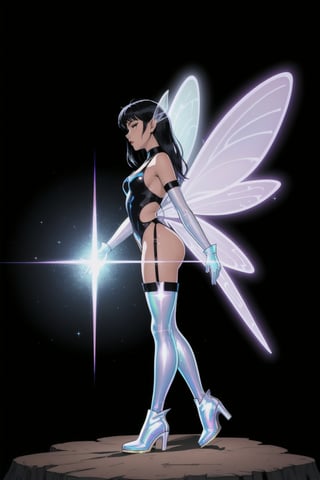 a woman fairy, asymmetric perfect fairy wings, (perfect face), bright eyes, dark forest background, highly detailed, full body, holographic sexy cut out bodysuit transparent, glitter thong, shine, sparkling holographic white, black long hair, comic style, sorcerer costume, boots, gloves, side view