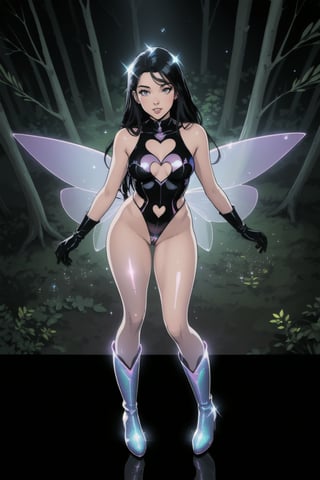 a woman fairy, asymmetric perfect fairy wings, (perfect face), bright eyes, dark forest background, highly detailed, full body, holographic sexy cut out bodysuit transparent, glitter thong, shine, sparkling holographic white, black long hair, comic style, sorcerer costume, boots, gloves, flying, view from above 